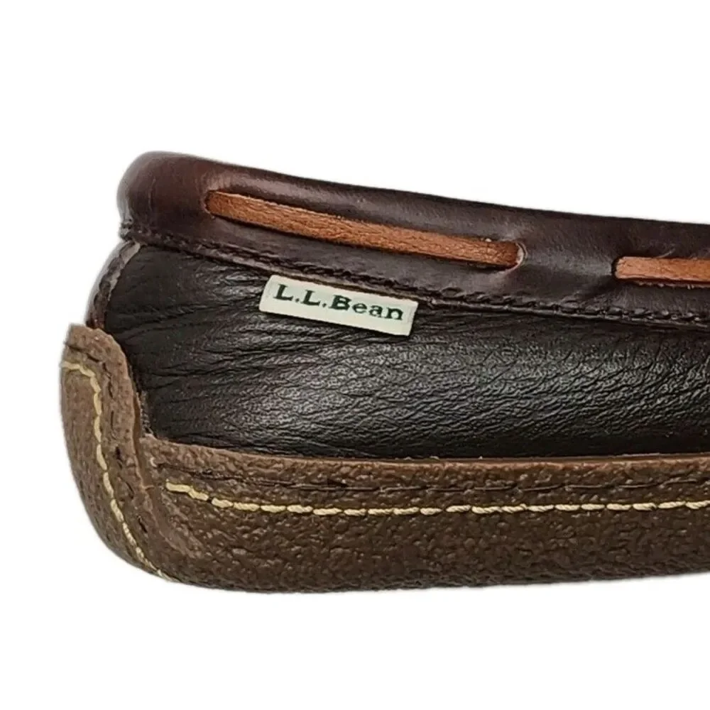 LL Bean Slipper Driving Loafer Men Sz 9 Brown Leather Flannel Line Moccasin Shoe